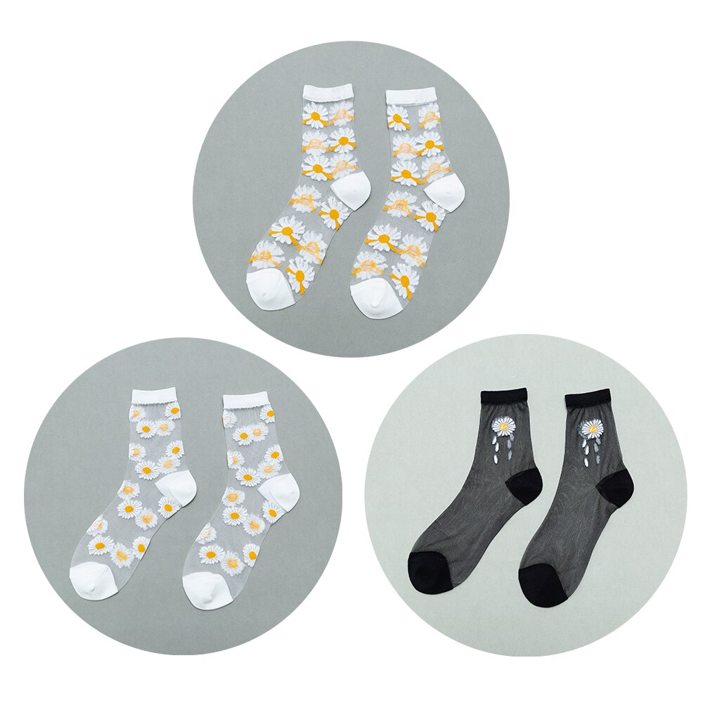 3 paia di calze floreali da donna calze estive in cristallo di cristallo calze elastiche Jacquard trasparenti sottili a tubo corto medio