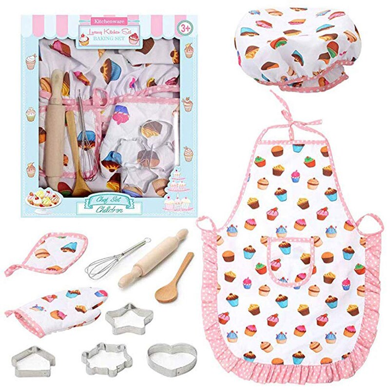 Kids Cooking and Baking Apron Set Kitchen Deluxe Chef Set Costume Pretend Role Play Kit Apron Hat Suit for 3 Years Old Children
