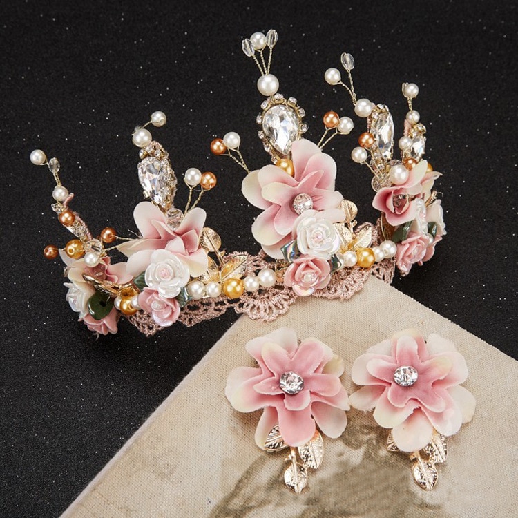 Dolce rosa della sposa fatto a mano in rilievo del merletto tiara corone corona tocados para novias di ceramica dei capelli del fiore del copricapo