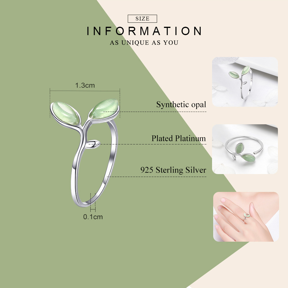 BAMOER 925 Sterling Silver Hope Green Tree Leaves Tree Buds Female Finger Rings for Women Sterling Silver Jewelry SCR453