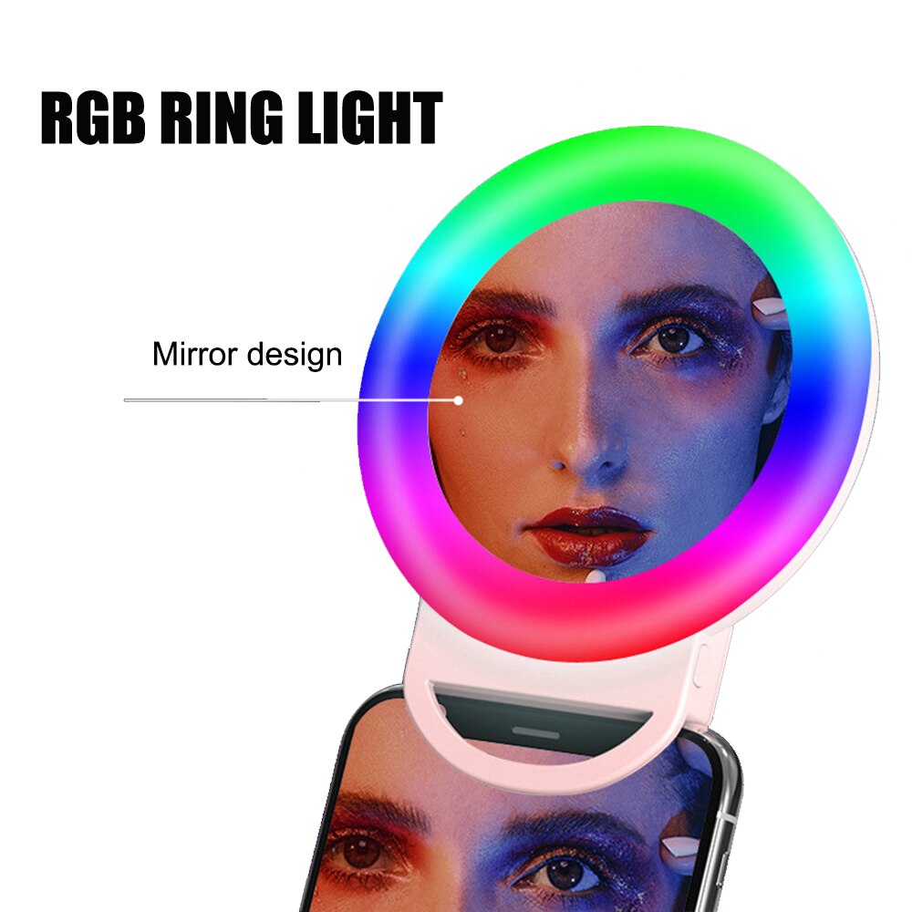 Rgb selfie ledリングライトサークルミニ携帯電話のためにライトランプ電話充電式クリップオンメイクミラー補助光