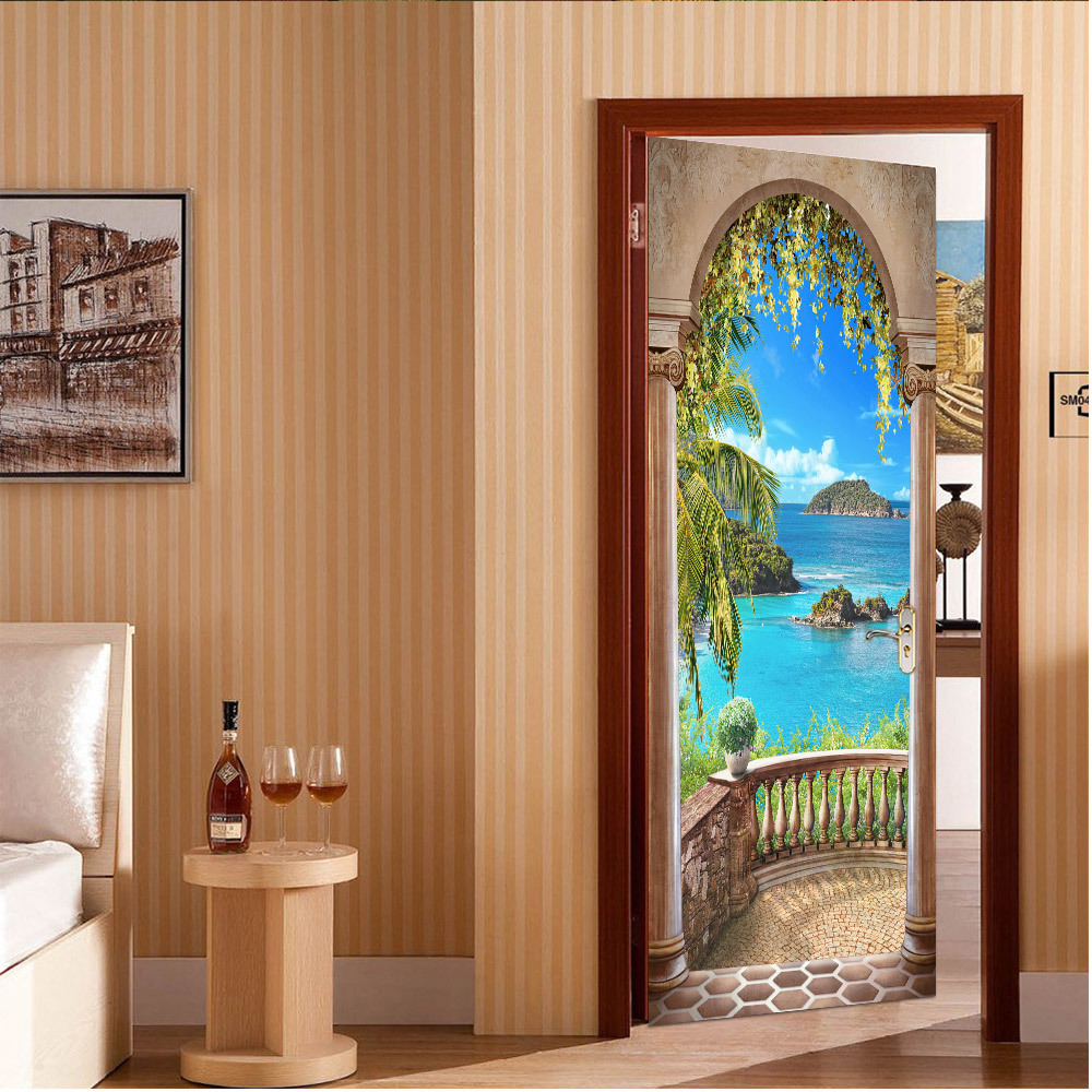 77*200CM DIY 3D Waterdicht Eiland Balkon Landschap Deur Stickers Home Decor Zelfklevende Slaapkamer Woonkamer Muur sticker