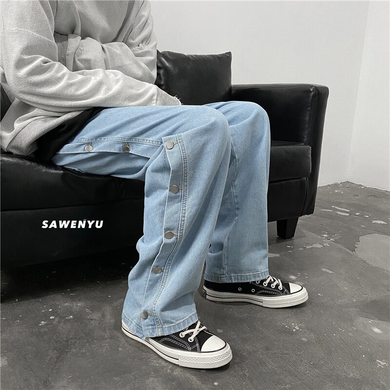 Doble botón en el lateral vaqueros ropa de calle de para hombre Casual pantalones de Hip Hop de pierna amplia Harajuku pantalones de carga