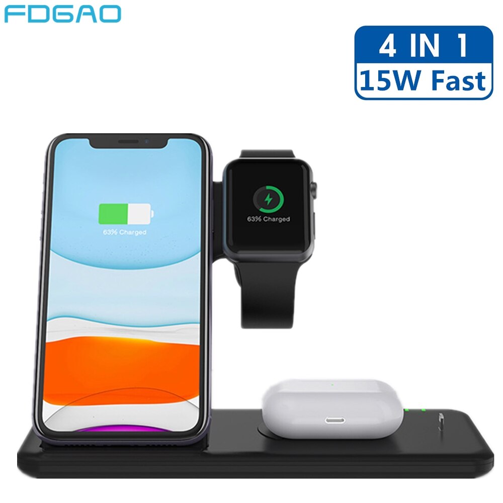4 in 1 15w langaton laturi jalusta iphone x xs  xr 8 11 apple watch 5 4 3 2 airpods pro samsung qi pikalatausasemat telakka-asema