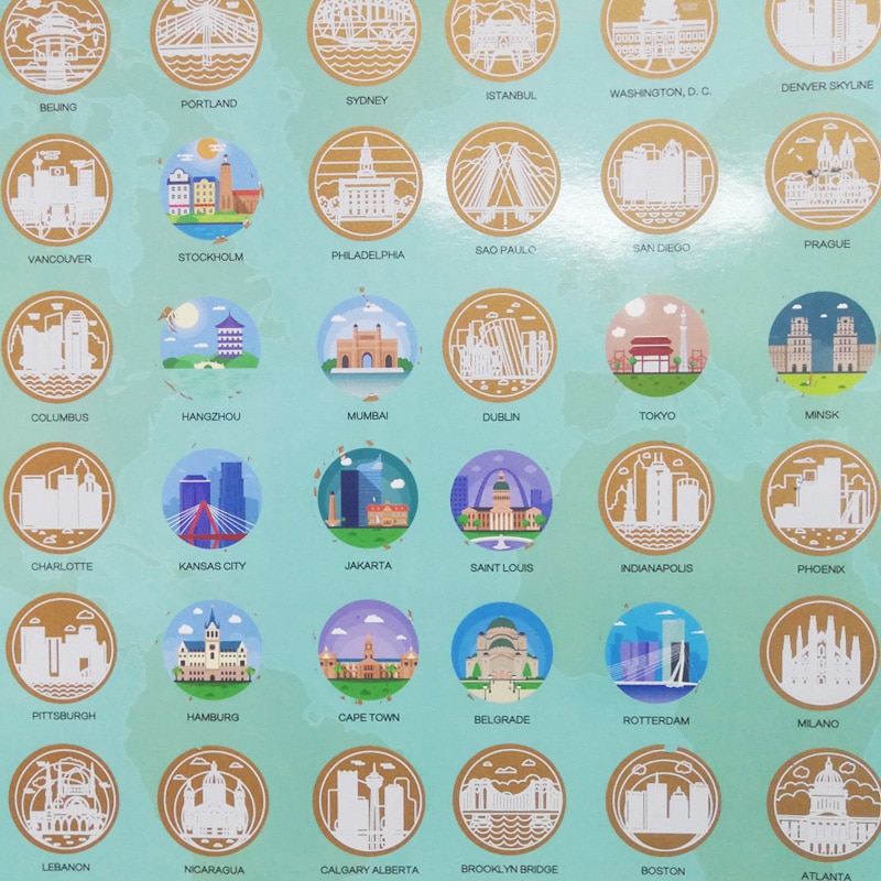 1 Pcs Decoration wall stickers Toy stickers world map 128 City Signs and Attractions Waterproof Paper Map