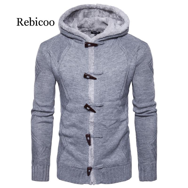 Hiver hommes chandail manteau boeuf corne boucle pull épaissir veste polaire tricoté à capuche Cardigan décontracté solide pardessus: Gris clair / XXL
