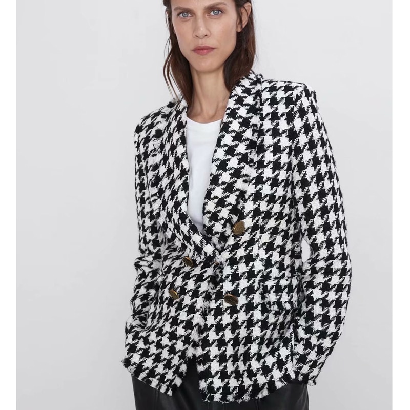 Rr dobbeltradede blazere kvinder houndstooth casual jakker kvinder langærmede jakkesæt kvindelige damer ht