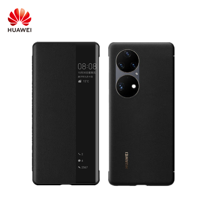 Huawei P50 Pro – coque de protection en cuir, étui à rabat avec fenêtre, veille intelligente, réveil, support: Black