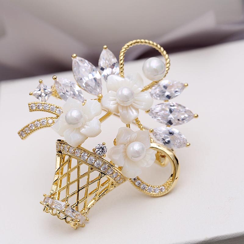 RED TREES Flower Basket Brooch - Zircon & Shell Pearl - Sterling Silver Plated - Wedding Bouquet Accessory