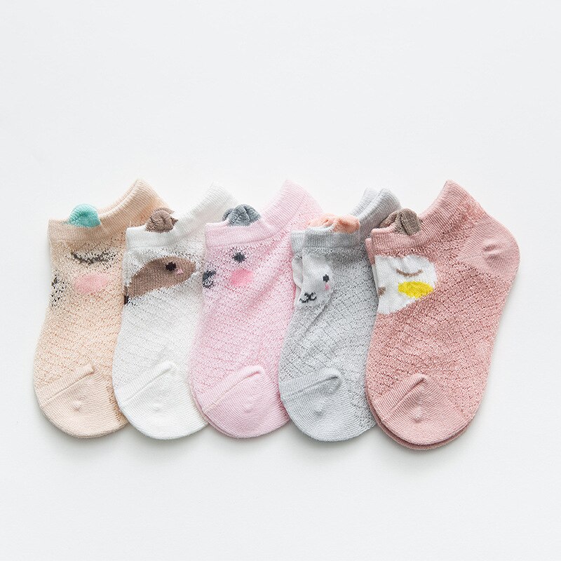 5 pares de meias do bebê recém-nascido verão malha fina meias do bebê para meninas algodão infantil casual menino meninas da criança dos desenhos animados meias infantis: Owl / 12 m