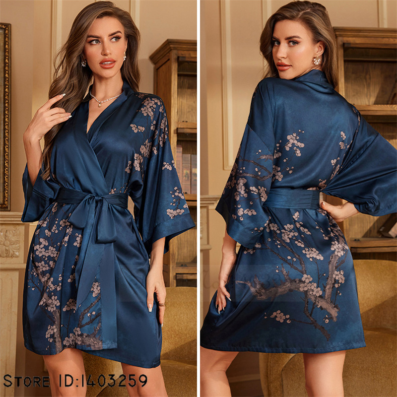 Chinese Stijl Print Badjas Nachtkleding Zomer Ijs Zijde Kimono Badjas Loungewear Casual Dames Kamerjas Nachtkleding: Beige
