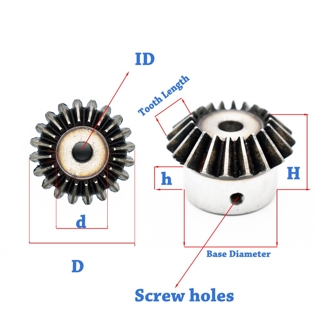 2Pcs 1:1 Bevel Gear 1.5 Modulus 16/20 Teeth ID= 6mm/8mm/10mm/12mm 90 Degree Steel Gears With Screws