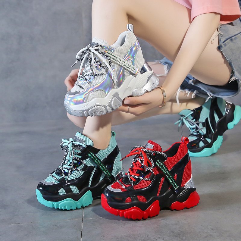 Tuinanle chunky sneakers høy hæl 10 cm kvinner høst tykk bunn plattform joggesko høyde økende kvinne sølv fritidssko