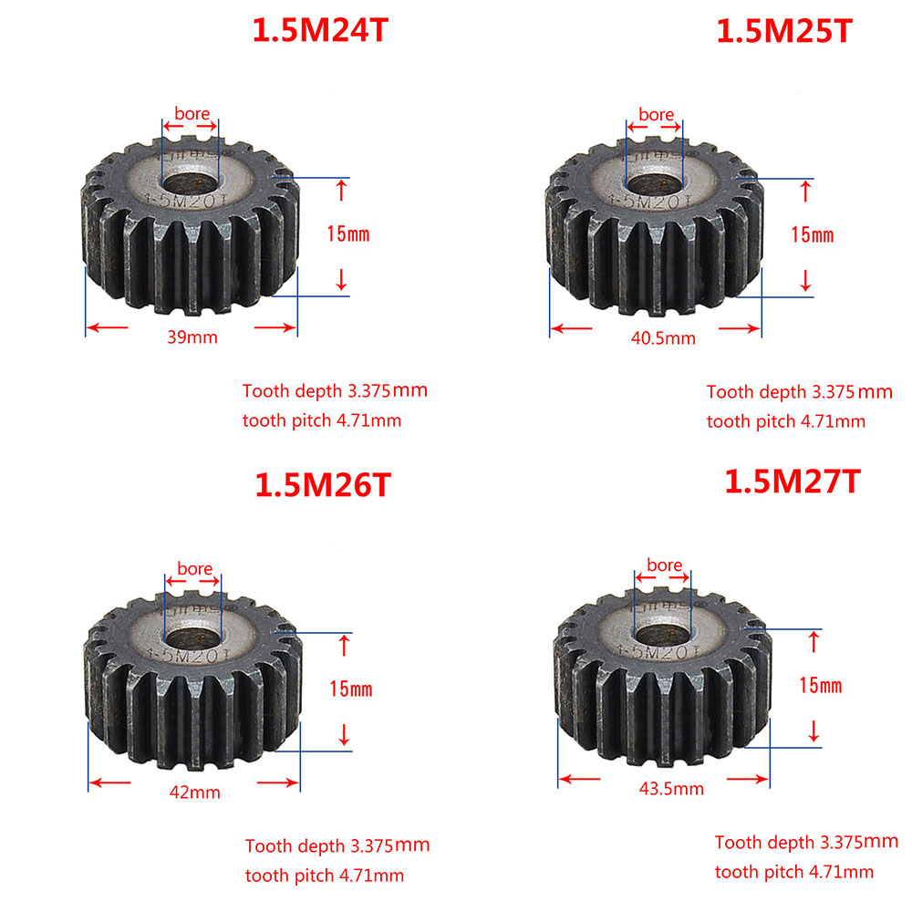 1 stk 45#  cylindrisk stålgir 1.5 mod 12t-27t metall mod 1.5 pinjonggir 12-27 tann moter gear