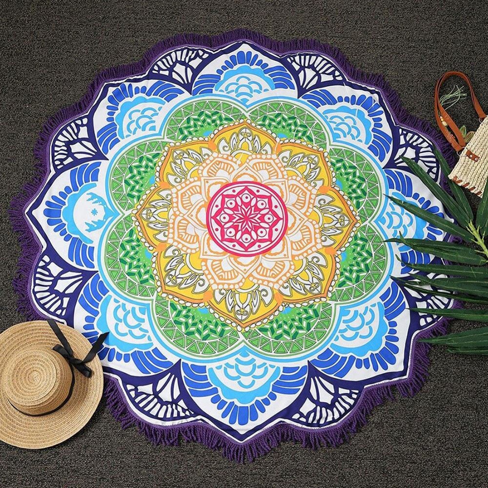 Tapijt 150*150 Cm Multifunctionele Mandala Yoga Mat Lotus Strandlaken Deken Sjaal Kwastje Ronde Badhanddoek