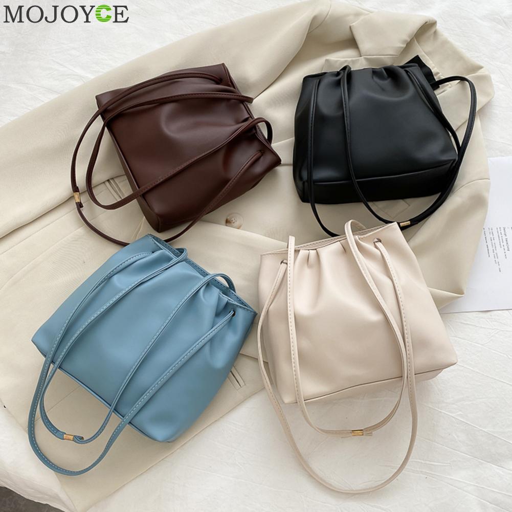 Geplooide schoudertassen dames pu leer eenvoudige emmer messenger pouch klassieke crossbody schoudertas