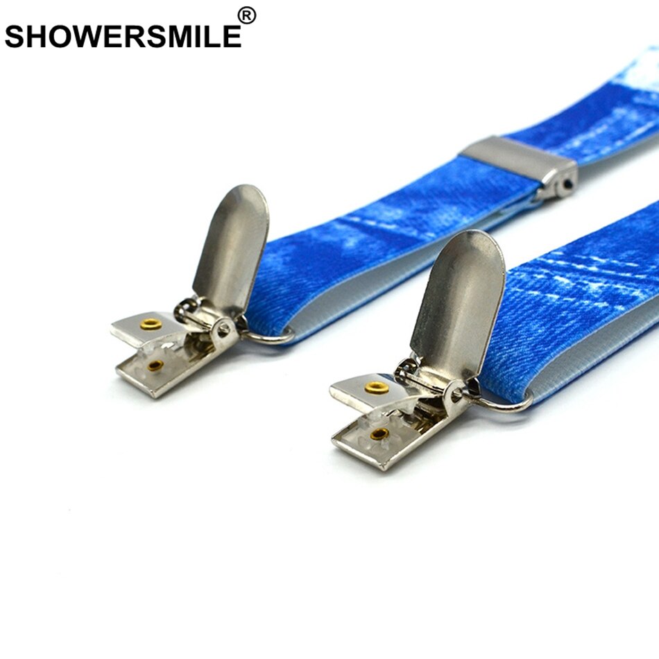 Showersmile drenge seler print denim blå seler og butterfly sæt børnelæder 4 klips elastisk justerbar børnebukserem