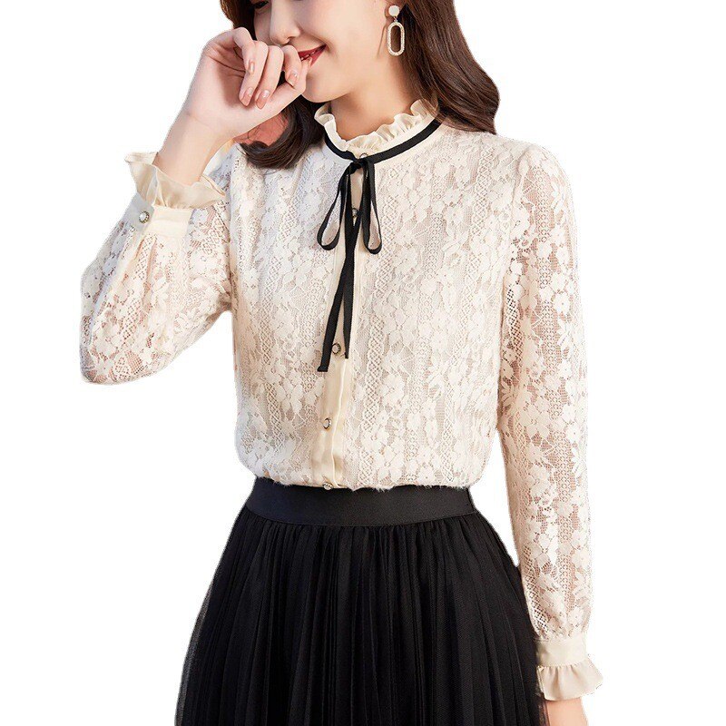 MIUXIMAO-Blusa de encaje de manga larga con cuello levantado para mujer, ropa de primavera, estilo de oficina, 2022: S