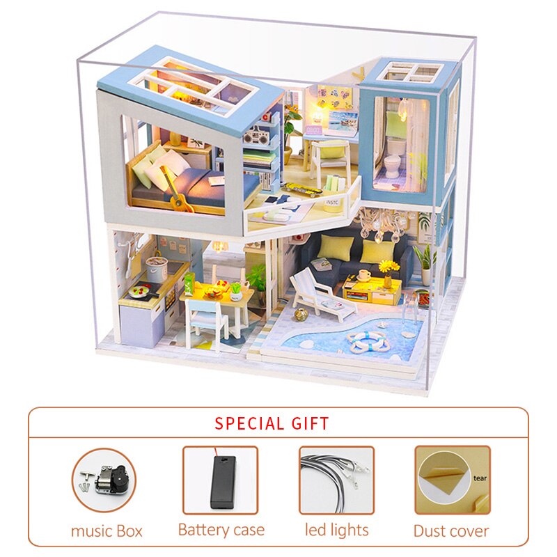 Jule miniature dukkehus kit gør-det-selv dukkehus møbler europæisk stil træhus til voksen fødselsdag legetøj til børn: D
