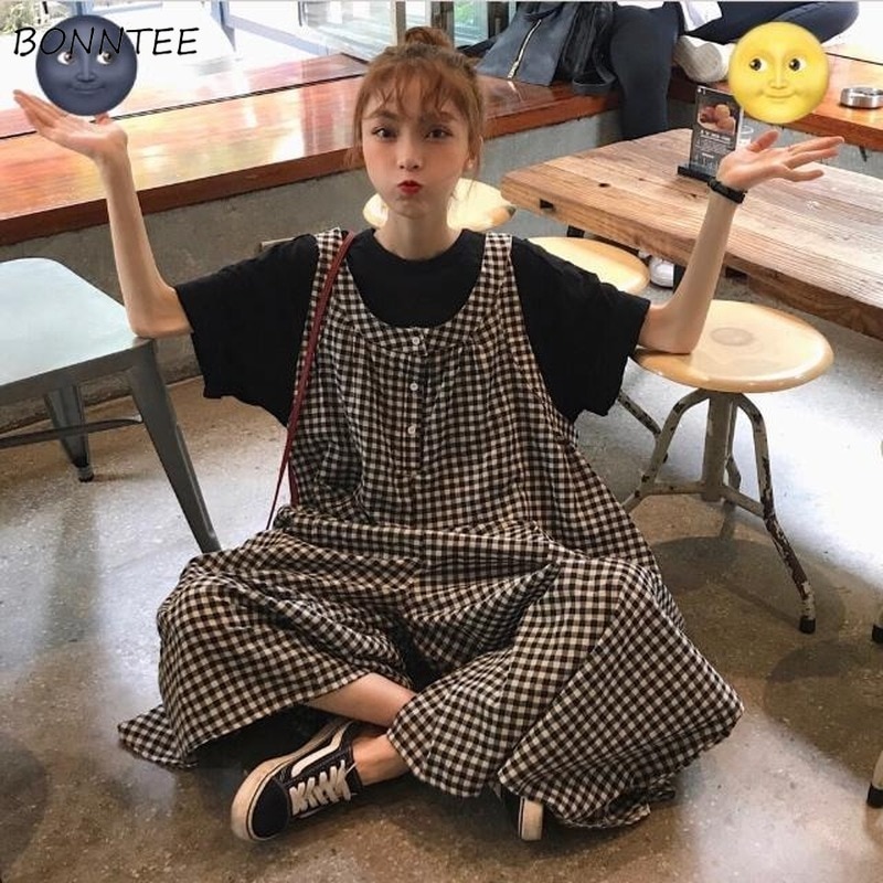 Vrouwen Jumpsuits Plaid Oversize Wijde Pijpen Enkele Breasted Grote Zak Zoete Leuke Koreaanse Stijl College All-Match Bf leisure