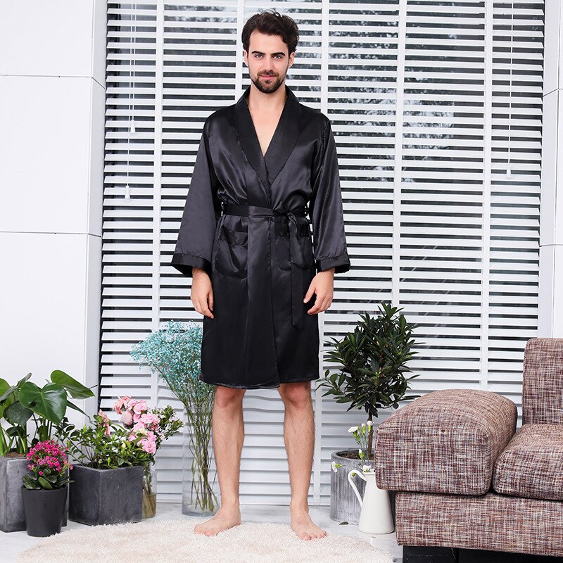 Nattøy til menn silke sateng pyjamas kappe fast langermet badekåpe herre badekåpe nattøy herre hjemmeklær pluss størrelse 4xl 5xl: Svart 1 / Xl