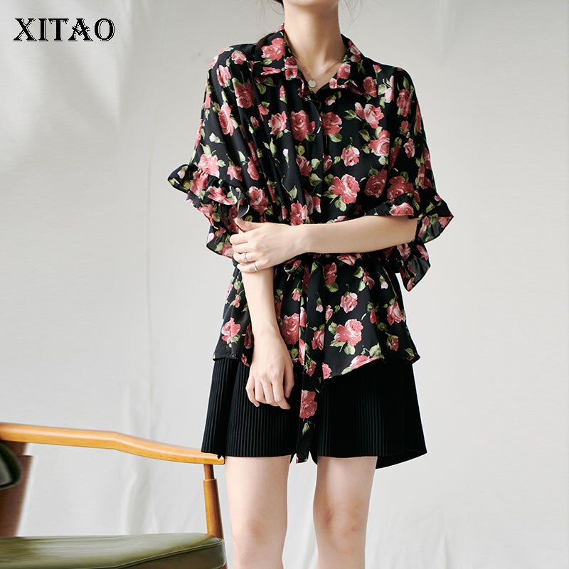 Xitao vintage print kuvio sifonki pusero kiristysnyöri naisten vaatteet kesä plus koko alaspäin kaulus paita  xj4748