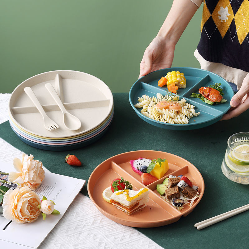 Plates For Food Dinner Plates Fruit Dinnerware Dining Compartment Plate Dessert Dishes Salad Kitchen Wheat Straw Tableware 3Grid