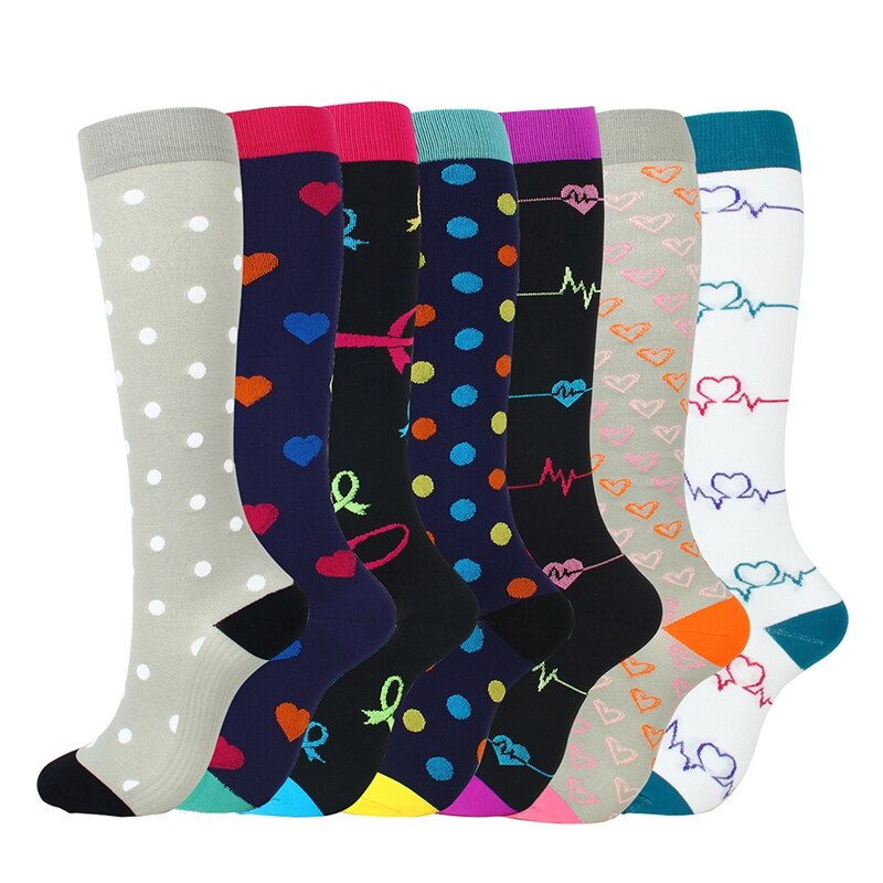 7PCS/Set Compression Socks Richly Colorful Kit Knee High Polyester Nylon Printed Hosiery Footwear Outdoor Sports Casual Socks