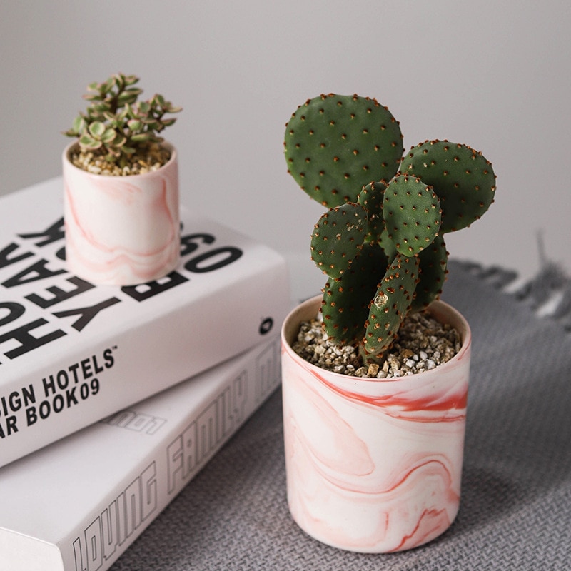 Nordic Style Ceramic Round Plant Pots Pink Marble Pattern Succulent Flowerpot with Hole Small Home Office Desktop Decor