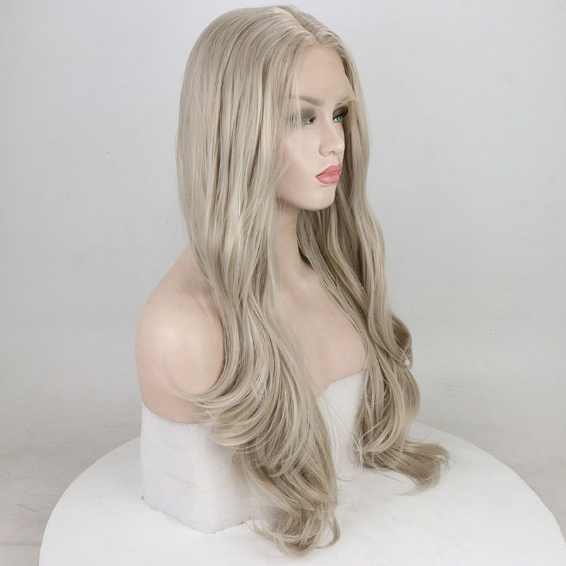 Bombe Platin Grau Natürliche Welle Synthetische 13*3 Spitze Vorne Perücke Glueless Hitze Beständig Faser Haar Natürlichen Haaransatz Für frauen