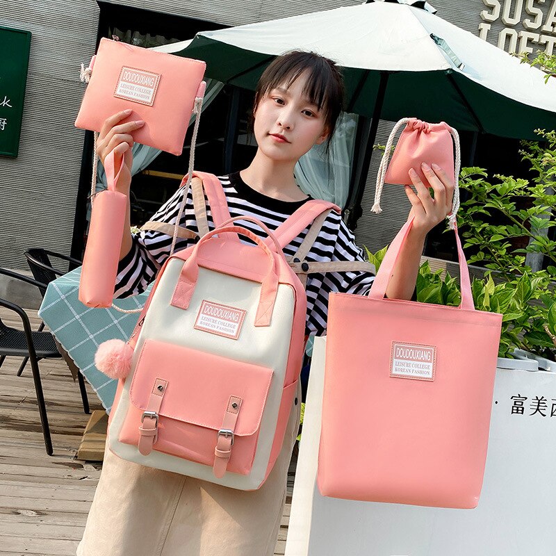 5 Piece Set High School backpack Bags for Teenage Girls Canvas Travel Backpack Women Bookbags Teen Student Schoolbag