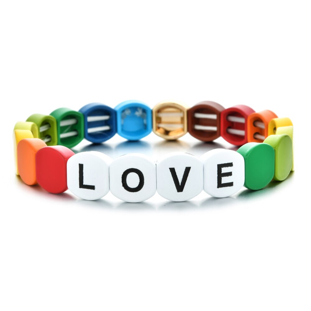 Mode Kleurrijke Regenboog Emaille Tegel Armband Vrouwen Meisjes Brief Liefde Armbanden Elasticiteit Manchet Bangles Partij Sieraden