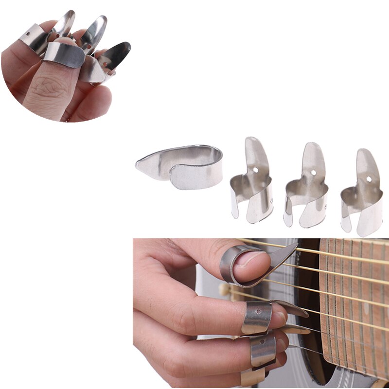 Rustfrit stål 1 tommelfinger og 3 fingre negle guitarvalg plectrums sæt metal akustisk elektrisk bas guitar tilbehør 4 stk