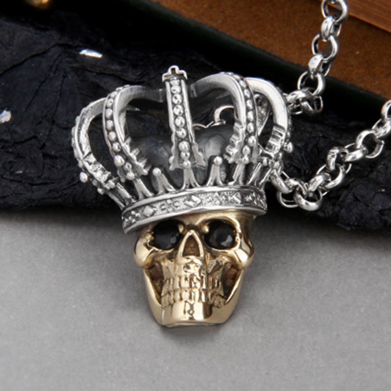  s925 massiver anhänger aus sterlingsilber, vergoldet, totenkopfkrone im rock-, hip-hop- und punk-stil, für damen und herren, mit pulloverkette