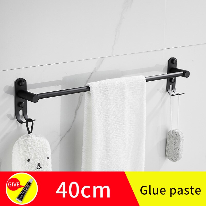 Bathroom stainless steel towel bar towel holderwall mounted screw free installation black towel holder shelfs racks with hooks: A-40cm(glue paste)