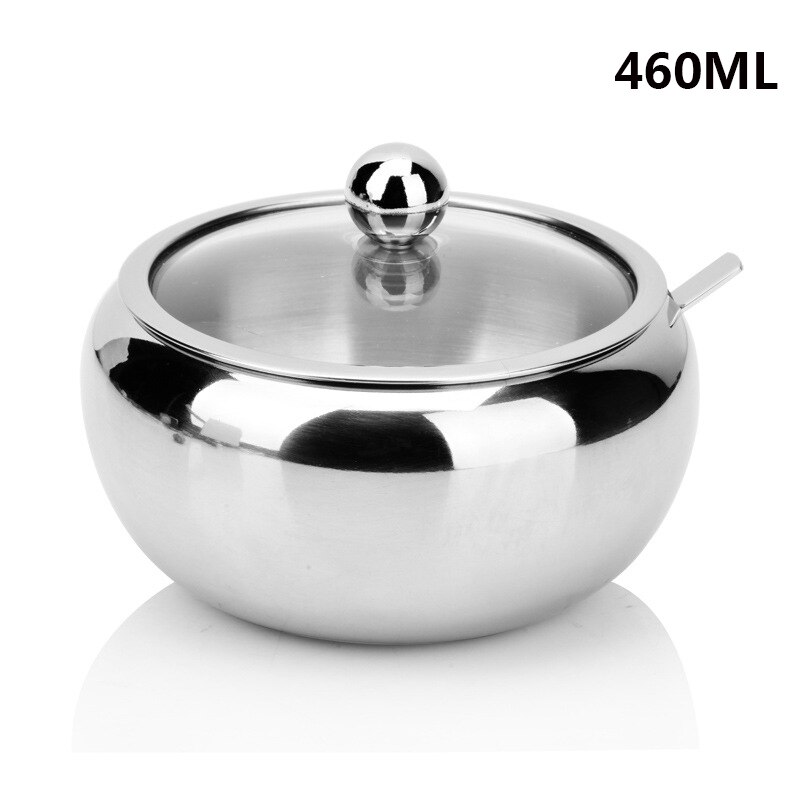 Kitchen Stainless Steel Sugar Bowl With Lid And Spoon Portable Sugar Box Container Cooking Sugar Seasoning Jar Storage Tools: 460ML