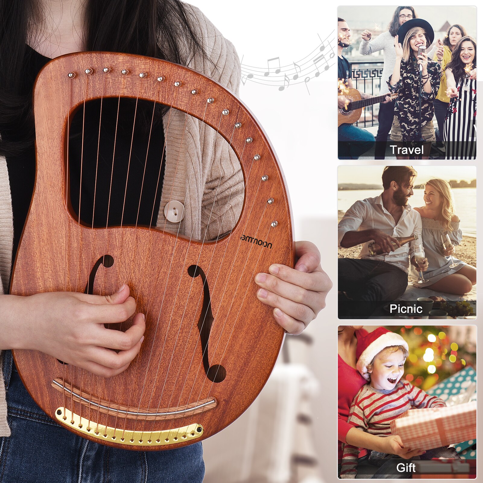 16-String Wooden Lyre Harp Resonance Box String Instrument & Tuning Hammer 7 Styles Harp Lyre string musical instrument for kids