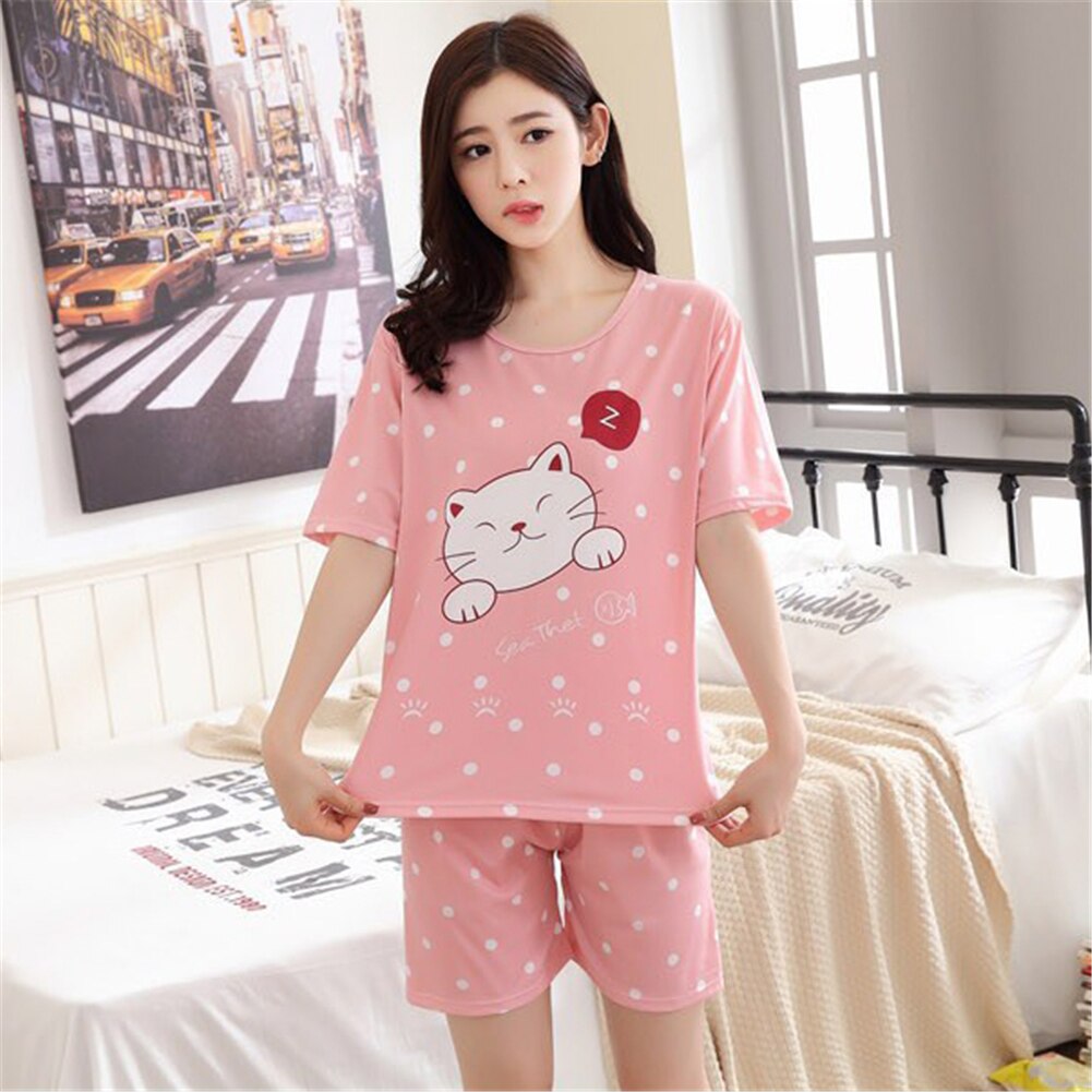 Summer Women Pajamas Set Summer Sleep Wear Set Cute Short Sleeve Pajamas Suit Shorts Nightwear Cotton Sleeping Cat Pink 2XL