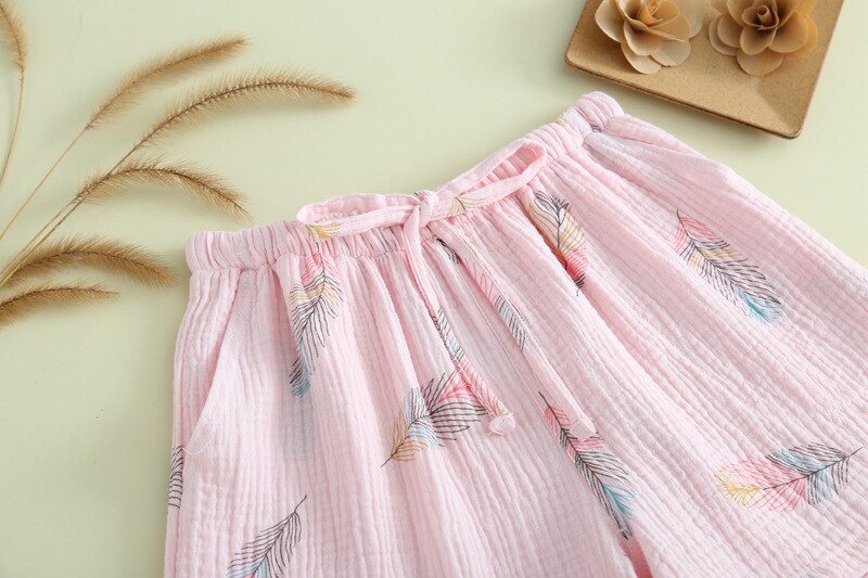 Sommar kvinnor sovshorts bomullsgaze pyjamas sovbyxor fritidsstrandbyxor hemtryck löst slitage