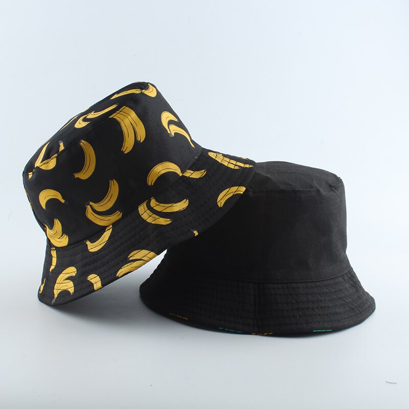 Panama bucket hat menn kvinner sommer bucket cap ananas banan trykk fisker hatt bob hiphop gorros reversibel fiske lue: Banan svart