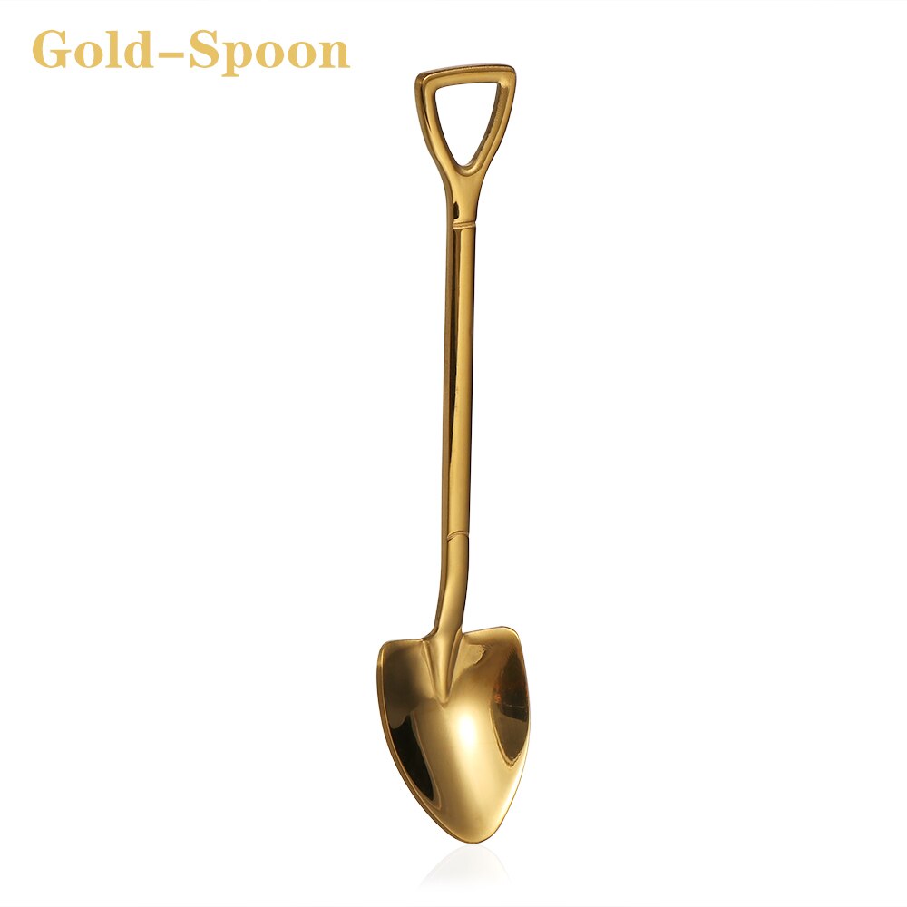 Shovel Shape Spoon Fork Long Handle Multi-color Soup Coffee Ice Cream Tea Spoon Stainless Steel 12.2*2.2cm For Home Kitchen Kids: Gold-Spoon