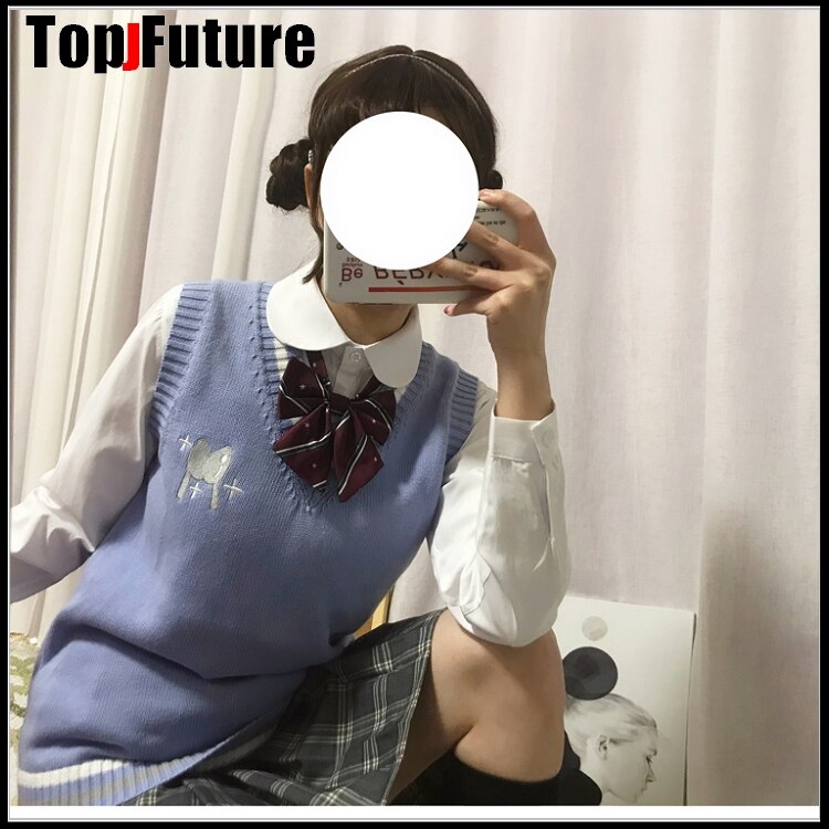 BLUE Japanese girl's Knitted Vest cute versatile sweater school Uniform Cardigans JK UNIFORM embroidery sweater