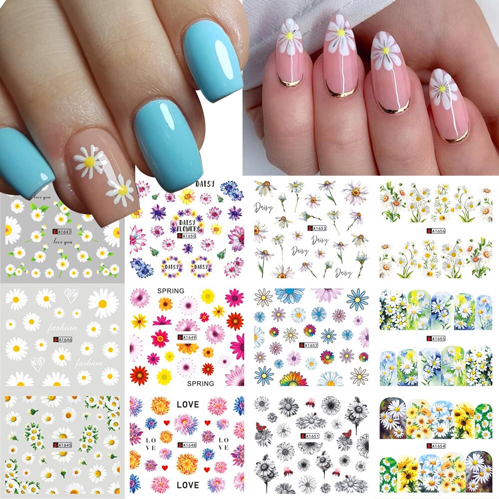 12pcs Spring Flower Nail Stickers Sunflowers Deisgn Water Transfer Decals DIY Nail Art Watermark Manicure Manicure Decor: A1645-1656