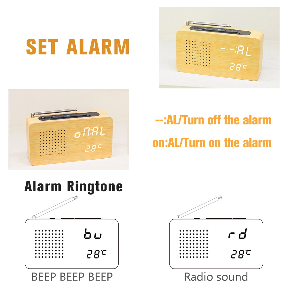 Xiaokoa FM Radio Bamboo LED Electronic Display with LED Clock Desktop Micro Portable Radio Home Radio Mini Temperature Display