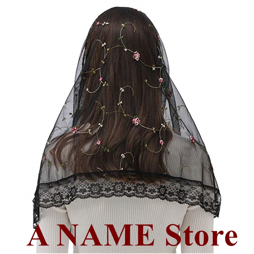 Mantilla – Voile gothique pour église, couvre-chef Rond, pour chapelle de masse latine, Voile noir, dentelle florale brodée