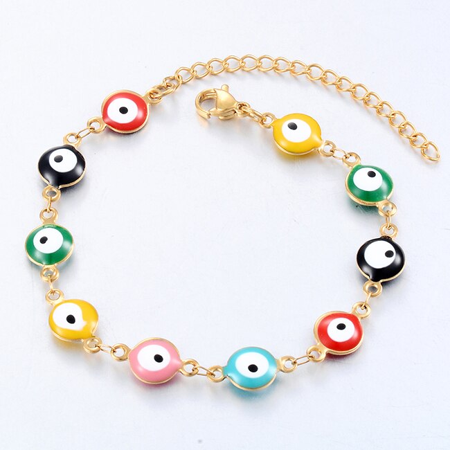 Stainless Steel Bracelet 7 Colors Evil Eye Enamel Bead Bracelet Jewelry Men And Women 6mm Width 18cm+3cm Length: MULTI