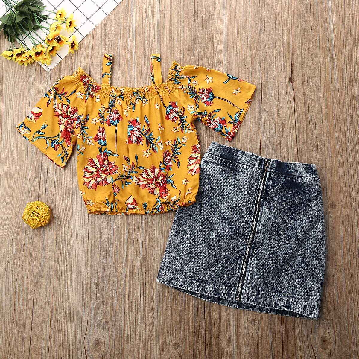 Pudcoco Del Bambino Del Bambino Vestiti Della Ragazza Della Stampa Del Fiore Off Spalla Strap Crop Magliette e camicette Della Chiusura Lampo Del Denim Mini Gonna 2Pcs Abiti di Cotone vestiti: 2T