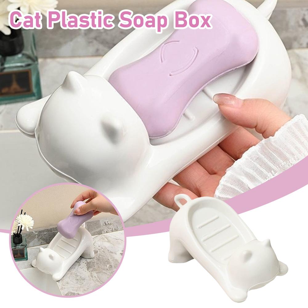 Drainable Sponge Soap Bar Container Tray Cartoon Cat Plastic Soap Box Washing Sponge Holder Decorative Storage Rack