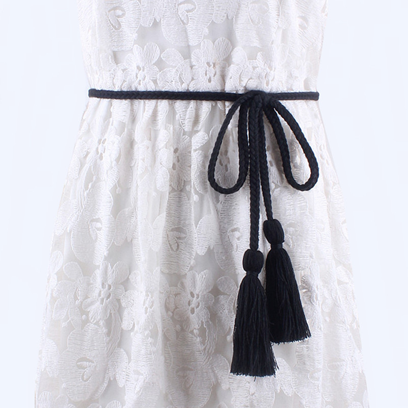 Ceinture tressée à pompons pour femmes, , tissage torsadé, ceinture tricotée, ULdécorée pour robes, chemise marron, ficelle en coton noir: Black
