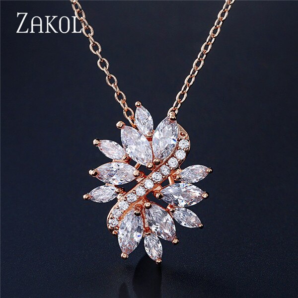 ZAKOL Delicate Cubic Zircon Crystal With White Color Handmade Fashionable Flower Necklaces Pendants For Women Wedding FSNP009: Rose Gold Color